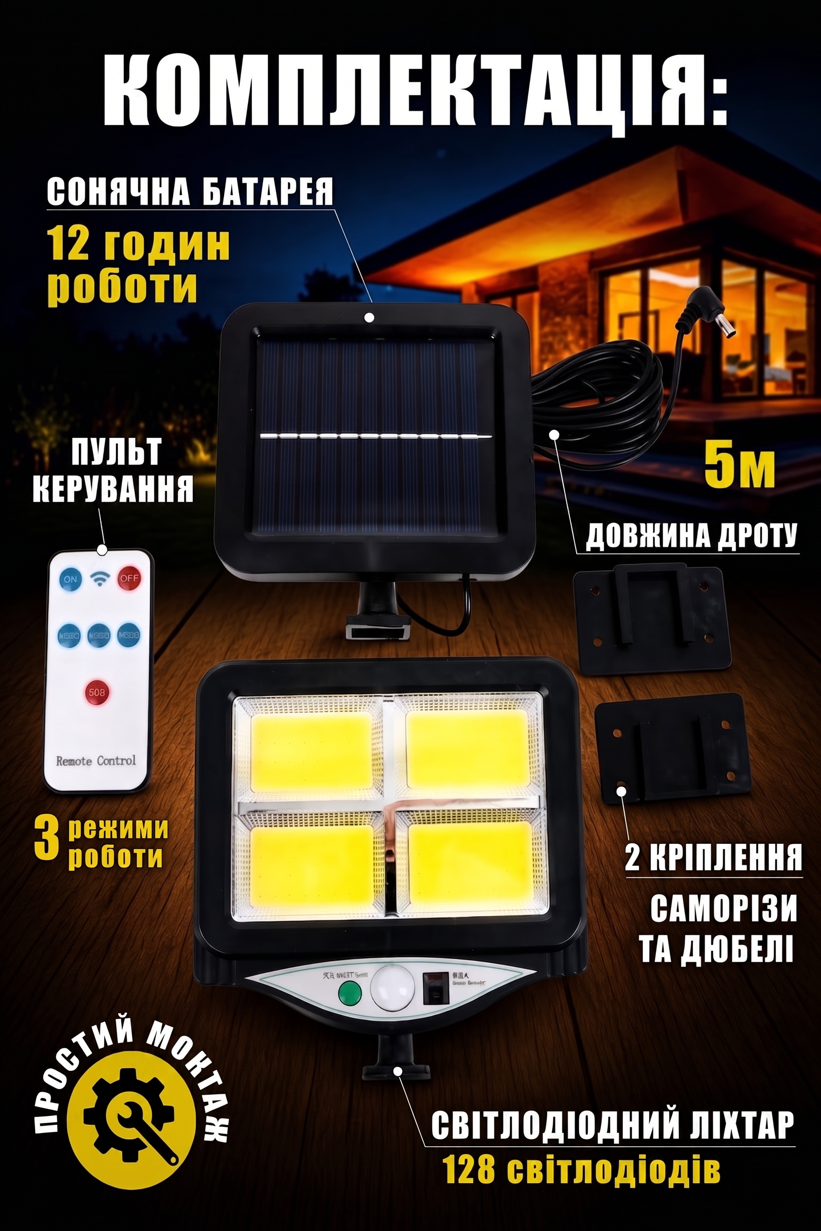 Вуличний світильник із сонячною панеллю та датчиком руху фото